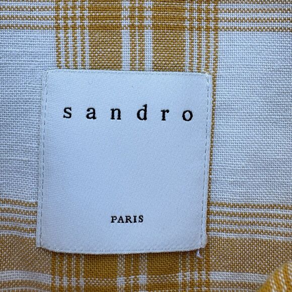 Sandro Paris Men XL Tartan Check Plaid Button Up Shirt Linen Cotton Yellow White - Picture 4 of 10